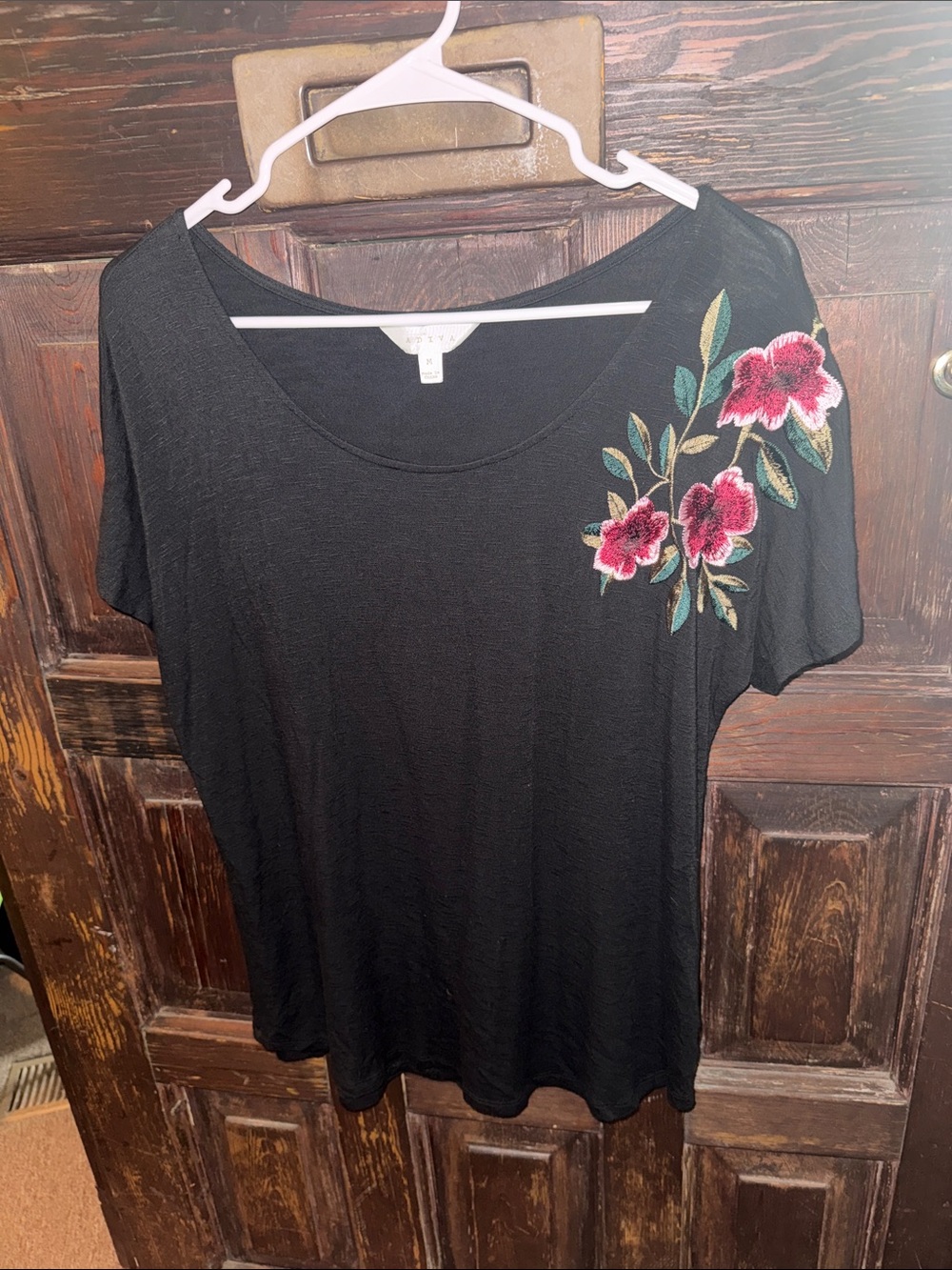Black Short Sleeve Tee with Pink Floral Embroidery - Picture 3 of 4